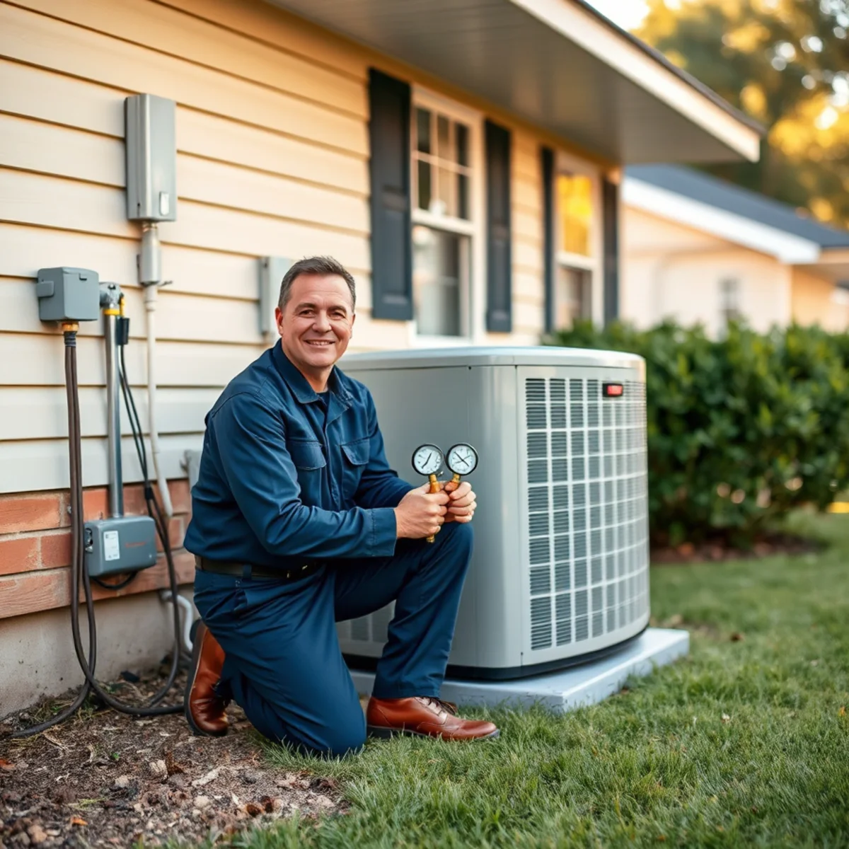 My Affordable Air technician providing AC repair beside a clean Alabama home